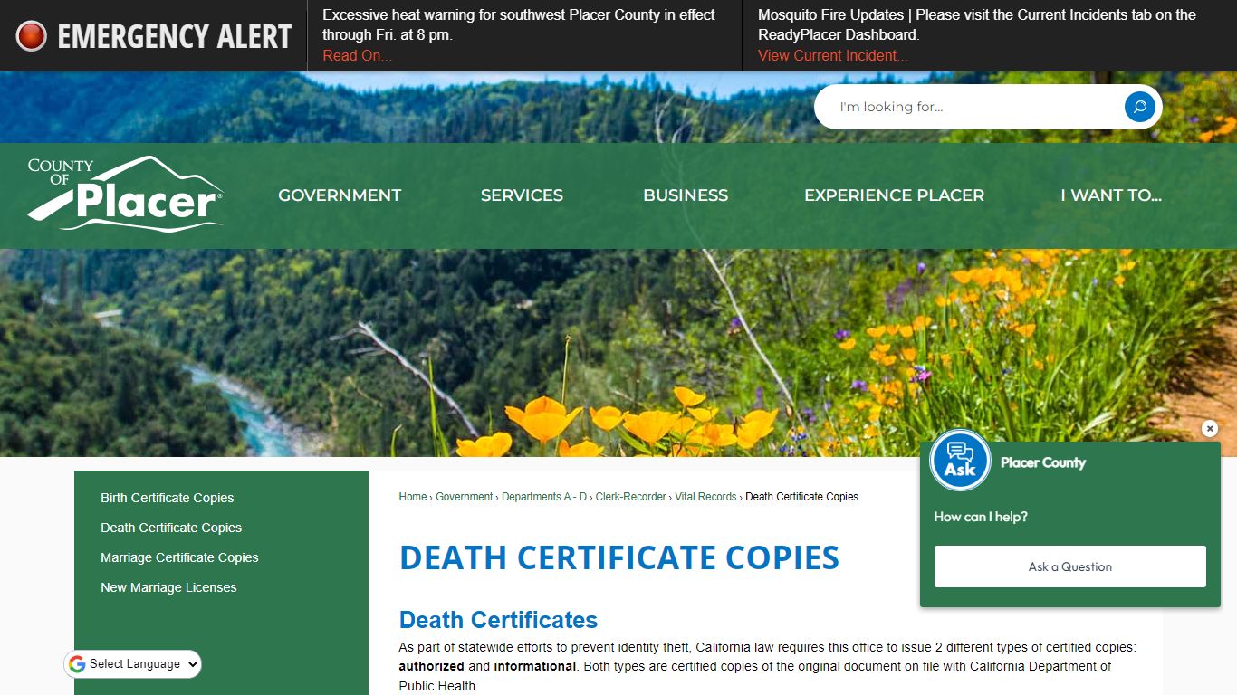 Death Certificate COPIES | Placer County, CA